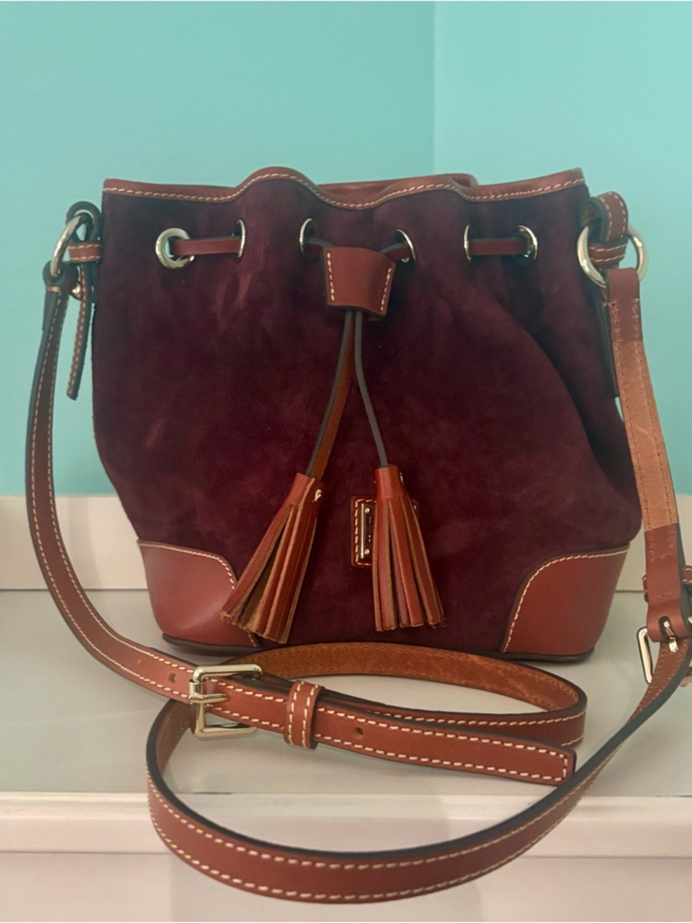 Dooney & Bourke Suede Drawstring Bucket Bag in Wine
